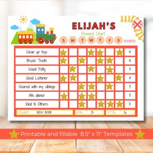 May include: A printable reward chart for children featuring a train theme. The chart has a red background with white grid lines and gold stars. The chart includes a list of chores and a space for a child's name, goal, and total points. The chart is titled "ELIJAH'S Reward Chart".