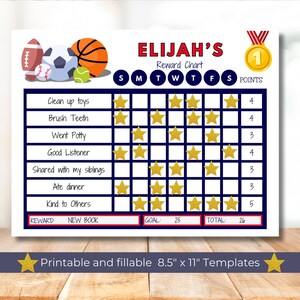 May include: A printable reward chart for children featuring a sports theme with a blue and white background. The chart has a space for a child's name, a goal, and a total points section. The chart includes a list of chores and activities with a space to mark off each day of the week. The chart also includes a reward section with a space to write in a reward.