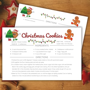 Retro Christmas Recipe Card Template 6&quot;x4&quot;, Editable in Canva, Digital Download, Printable Recipe Cards 2 Per Page, Holiday Cookie Exchange