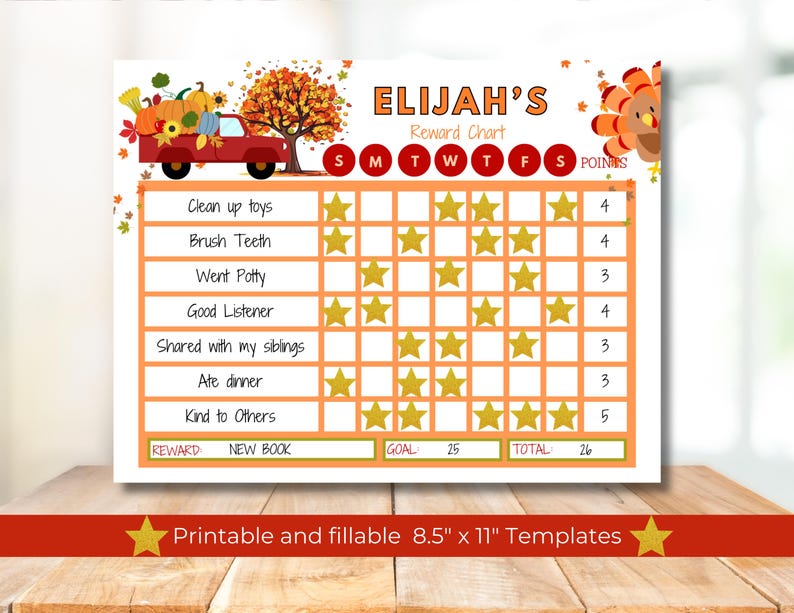 Moveable Fall Theme Incentive Chart Fall Truck Chore Chart for Kids Printable, Toddler Chore Chart, Digital ...