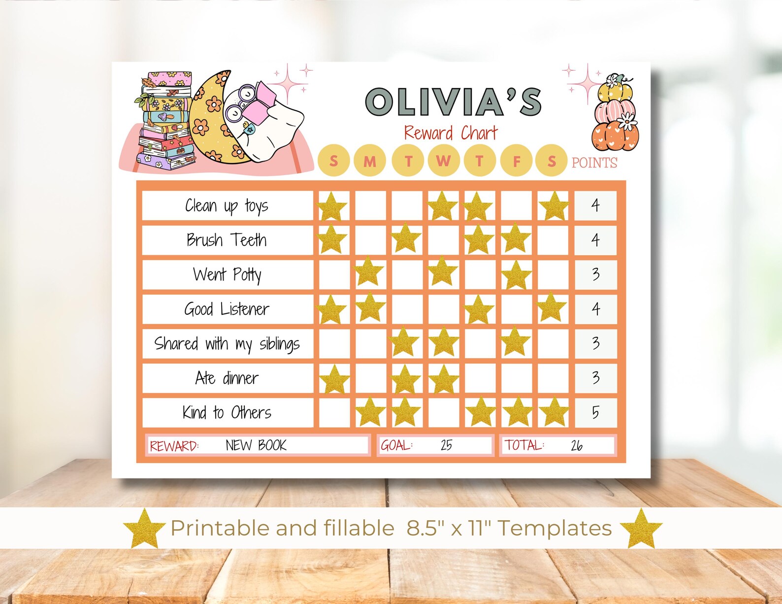 Fall Book Lover Chore Chart for Kids Printable, Toddler Chore Chart ...
