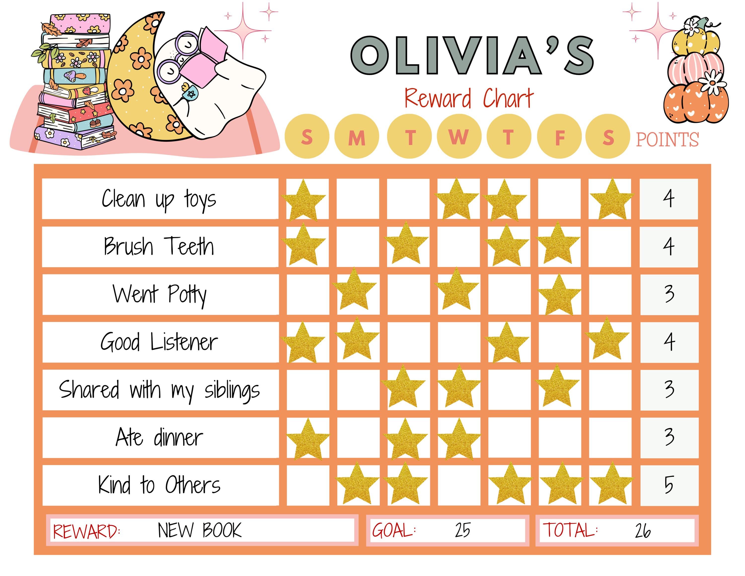 Fall Book Lover Chore Chart for Kids Printable, Toddler Chore Chart ...