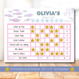 Może przedstawiać: Drukowana tabela nagród w kolorze różowym i białym z nazwą "Olivia's" na górze. Tabela zawiera siatkę z dniami tygodnia i zadaniami, takimi jak "Sprzątanie zabawek", "Mycie zębów" i "Chodzenie do toalety". Każde zadanie ma miejsce na naklejkę ze złotą gwiazdą. Tabela ma cel 25 punktów i łącznie 26 punktów. Nagrodą jest "Nowa książka".