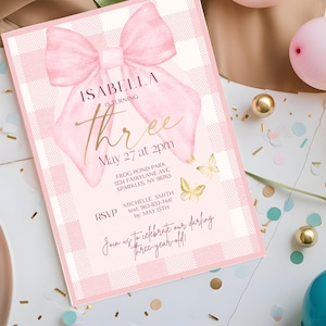 Coquette 3rd Birthday Invitation, Coquette Third Birthday, Cute Pink Bow, Editable Canva Template, Digital Download, Third Birthday Party