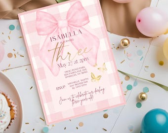 Coquette 3rd Birthday Invitation, Coquette Third Birthday, Cute Pink Bow, Editable Canva Template, Digital Download, Third Birthday Party