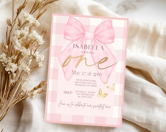 Coquette First Birthday Invitation, Coquette 1st Birthday, Sweet One Birthday, Pink Bow, Digital Download, Canva Template, Editable