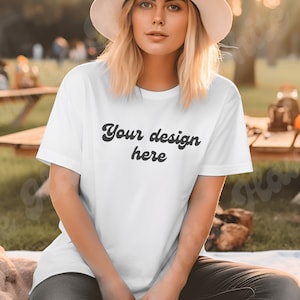 white tshirt picnic mockup - bella and canvas 3001 tshirt mockup, blonde girl tshirt mockup, boho themed bella and canvas 3001 mockup