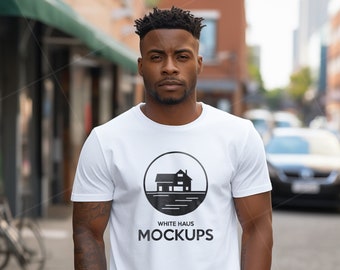 bella blanca y lienzo 3001 maqueta, maqueta de camiseta de hombre negro, maqueta de camiseta afroamericana, modelo negro, maqueta blanca 3001, maqueta de camiseta blanca