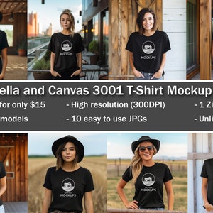 Black Bella and Canvas 3001 T-shirt Mockup bundle, womens tshirt mockups, tshirt mock up bundle, tshirt template bundle