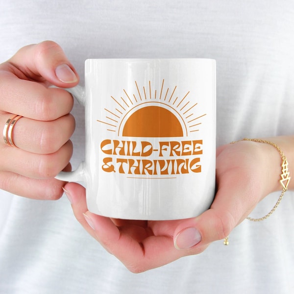 Child-Free & Thriving Retro Ceramic Mug 11oz | Leftie Mug, Millennial Gift, Childless Friend Gift, DINK Gift, Retro Style, Blue Mug