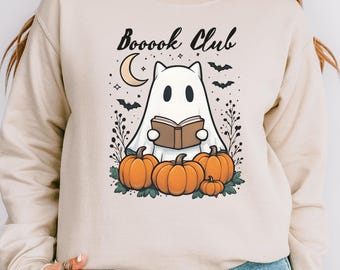 Retro Halloween Ghost Reading Sweatshirt, Librarian Teacher Gift