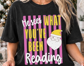 Bookish Stripes Christmas Comfort Colors® T Shirt | Trendy Santa Xmas Book Lover Holiday TShirt | Women's Shirt