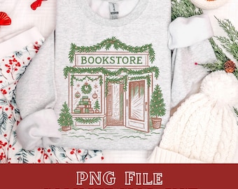 Librería navideña PNG, Librería navideña PNG, Estilo bordado, Lectora romántica con puerta abierta PNG, Imágenes prediseñadas para amantes de los libros, Estética de libros de invierno