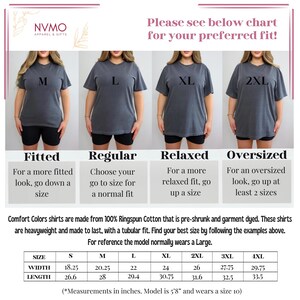 May include: Size chart for t-shirts with measurements in inches. The chart shows four different fits: fitted, regular, relaxed, and oversized. The chart also includes the width and length measurements for each size, from S to 4XL. The model is 5'8" and wears a size 10.