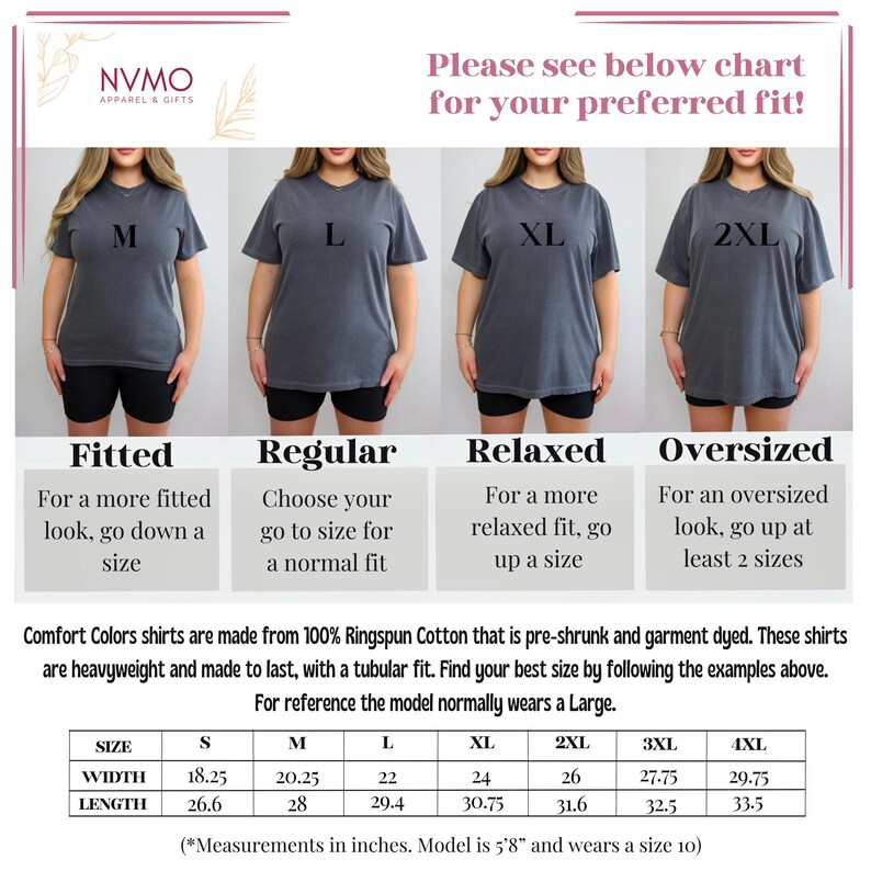May include: Size chart for t-shirts with measurements in inches. The chart shows four different fits: fitted, regular, relaxed, and oversized. The chart also includes the width and length measurements for each size, from S to 4XL. The model is 5'8" and wears a size 10.