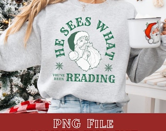 Divertido diseño PNG de Papá Noel leyendo, diseño literario para sublimación (descarga digital)