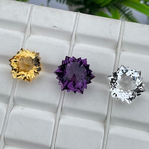 3 pieces Snowflake Cut Gemstone Amethyst, Citrine, Crystal Stone Lot, 50 carats very beautiful snowflake cut Hexagon Shape 14.50 To 16.50MM