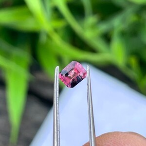 Könnte beinhalten: Ein facettierter, rechteckiger Edelstein, der von einer Pinzette gehalten wird. Der Edelstein weist einen Farbverlauf auf, der von einem tiefen Rosa zu einem dunkleren, fast schwarzen Farbton übergeht. Der Hintergrund ist verschwommen, mit grünem Laub.