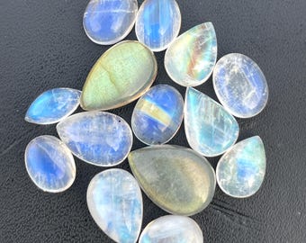 Piedras preciosas cabujón de piedra lunar arcoíris, lote de 14 piezas, 42 ct arcoíris