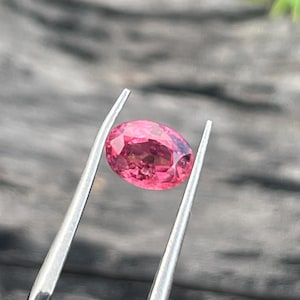 Op de afbeelding: Een gefacetteerde, ovaalvormige roze edelsteen wordt vastgehouden door een zilveren pincet tegen een vage groene en grijze achtergrond. De edelsteen heeft een levendige, verzadigde kleur en een gepolijst oppervlak dat licht reflecteert.