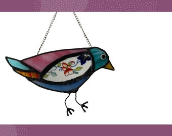 Bird Glass & China Suncatcher, Eclectic home décor, Quirky Window wall Decoration, Whimsical fun ornament gift, Unique hanging garden art