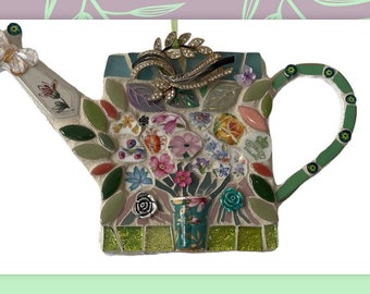 Mosaic watering can, Recycled pique-assiette vintage mixed media upcycled mosaic, Handmade eclectic home décor garden wall art decoration