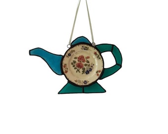 Teapot Glass & China Suncatcher, Eclectic home décor, Quirky Window Decoration, Whimsical fun ornament gift, Funky unusual hanging wall art