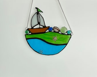 Stained Glass Sailboat Suncatcher, Sailboat sea scene eclectic home décor, Garden Decoration, Gift for sailors, Nautical hanging wall art
