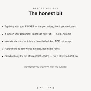 The honest bit before you buy: tap links with your finger because the pen writes, the planner lives in your Document folder like any PDF rather than as a .note file, there is no calendar sync because this is a linked PDF and not an app, handwriting-to-text works in notes but not inside PDFs, and it is sized natively for the Manta at 1920 by 2560.