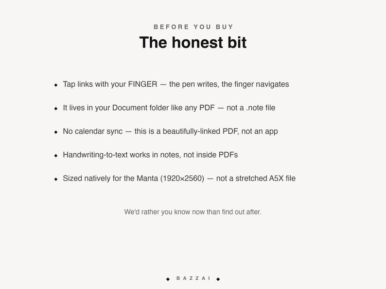 The honest bit before you buy: tap links with your finger because the pen writes, the planner lives in your Document folder like any PDF rather than as a .note file, there is no calendar sync because this is a linked PDF and not an app, handwriting-to-text works in notes but not inside PDFs, and it is sized natively for the Manta at 1920 by 2560.