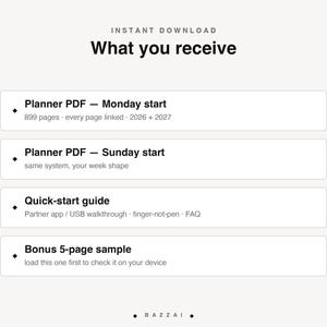 What you receive with this instant download: the planner PDF with a Monday start, 899 pages and every page linked, covering 2026 and 2027; a Sunday-start version of the same system; a quick-start guide with a Partner app and USB walkthrough, a finger-not-pen note and an FAQ; and a bonus 5-page sample to load first so you can check it on your device.