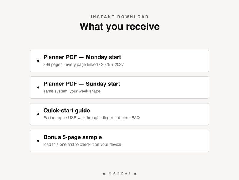 What you receive with this instant download: the planner PDF with a Monday start, 899 pages and every page linked, covering 2026 and 2027; a Sunday-start version of the same system; a quick-start guide with a Partner app and USB walkthrough, a finger-not-pen note and an FAQ; and a bonus 5-page sample to load first so you can check it on your device.