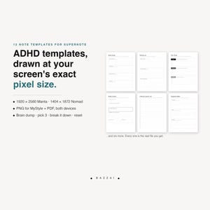 Può includere: Un set di 12 modelli di note digitali per dispositivi Supernote, con testo nero su sfondo bianco. Il testo recita: 12 NOTE TEMPLATES FOR SUPERNOTE, ADHD templates, drawn at your screen's exact pixel size, 1920 x 2560 Manta, 1404 x 1872 Nomad, PNG for MyStyle + PDF, both devices, Brain dump, pick 3, break it down, reset, e BAZZAI.