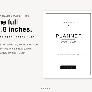 Può includere: Un'agenda digitale per Remarkable Paper Pro da 11,8 pollici. La copertina mostra Bazzai Planner 2026-2027 con un pulsante per aprire. Il testo indica 899 pagine, collegamenti ipertestuali e una risoluzione di 1620x2160 per questo sistema.