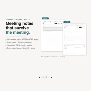 Puede incluir: Una plantilla de planificador digital para Supernote Nomad con dos diseños de página etiquetados como NOTES y AFTER. El texto dice: Supernote Nomad Manta, Meeting notes that survive the meeting, 100 meetings, action tracker, 12 one-on-one pages, hyperlinked, ADHD-friendly, undated, drawn native: Nomad 1404x1872 + Manta, Bazzai.
