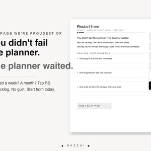 The Restart Here page: you did not fail the planner, the planner waited. Skip the backlog, do not fill in missed days, and start from today with three small things.