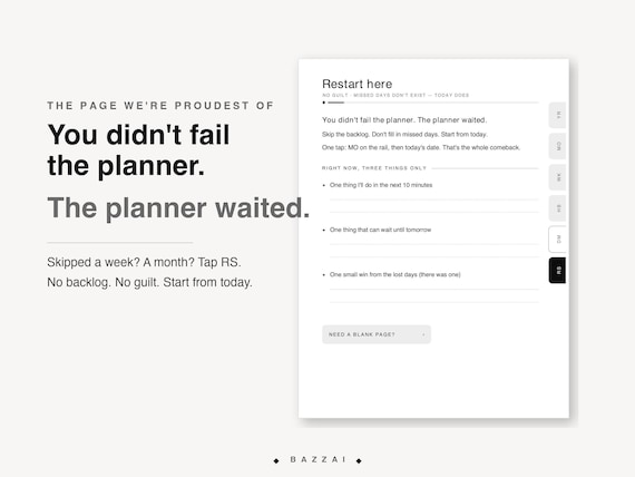 The Restart Here page: you did not fail the planner, the planner waited. Skip the backlog, do not fill in missed days, and start from today with three small things.