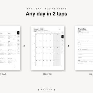 How navigation works on the Supernote Manta: tap from the year overview to a month, then to any single day, reaching any date in two taps.