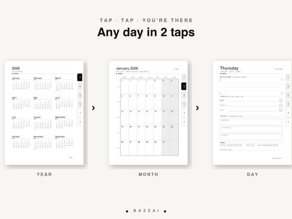 How navigation works on the Supernote Manta: tap from the year overview to a month, then to any single day, reaching any date in two taps.