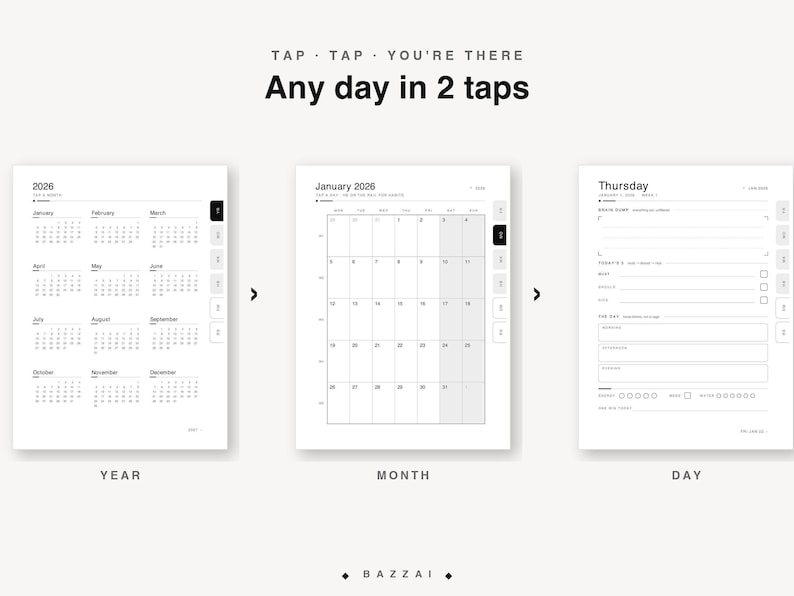 How navigation works on the Supernote Manta: tap from the year overview to a month, then to any single day, reaching any date in two taps.