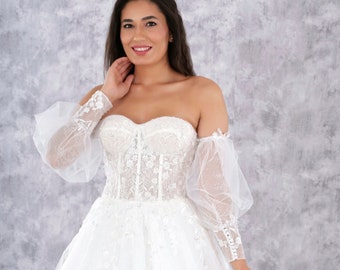 Long Sleeve Wedding Dress, Lace Wedding Dress Boho, A-Line Tulle Wedding Dress, Off Shoulder Dress Wedding
