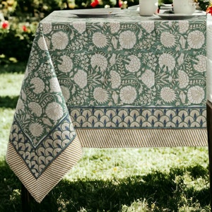 Indian Floral Hand Block Printed Cotton Cloth Tablecloth, Farmhouse Wedding Christmas Turquoise Green Table cover