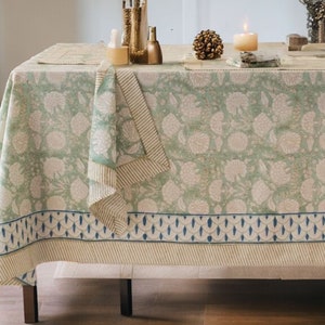 Block Printed Tablecloth, Cotton Table Cover Linen Mats Napkins Set, Rectangle Tablecloth, Boho Table Cover Sage Green Floral Tablecloth