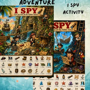 Puede incluir: Una hoja de actividades I Spy Pirate Treasure Adventure con dos ilustraciones detalladas de piratas en un entorno tropical con cascadas, barcos y cofres del tesoro. Debajo de cada escena hay una lista de verificación de objetos para encontrar, incluyendo un sombrero pirata, bandera, catalejo y varios animales marinos.