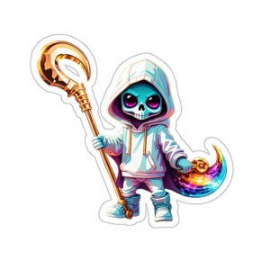 Grim Reaper Joe Death purgatoire au-delà autocollant premium coupe baiser pour téléphone, ordinateur portable, agenda, agenda, carte, journal, album, calendrier