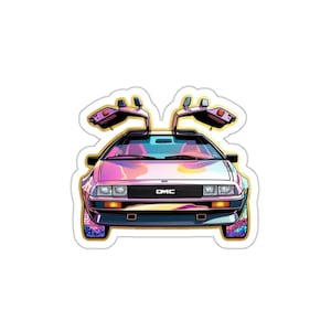 Naklejka DMC DeLorean premium kiss-cut dla miłośników samochodów, motocyklistów, telefonów, laptopów, planerów, pamiętników, kartek, dzienników, albumów, kalendarzy
