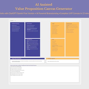 May include: A digital Value Proposition Canvas with text that reads "AI Assisted Value Proposition Canvas Generator." The canvas is divided into sections with text, including "Products & Services," "Gain Creators," and "Customer Jobs."