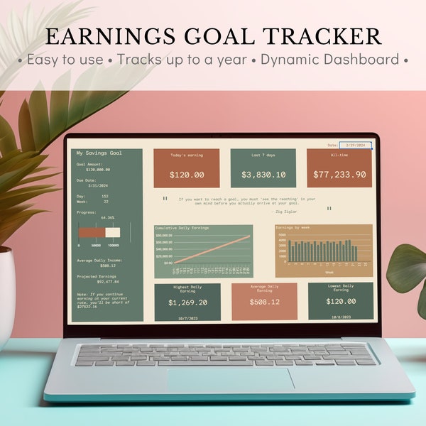 Earnings Goal Tracker | Google Sheet Spreadsheet | Income Tracking | Financial Goal Progress Chart | Financial Planner | Money Management