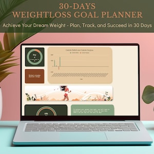 May include: A laptop computer screen displaying a weight loss goal planner with a chart showing calorie deficit and surplus, a progress circle, and a motivational image of a woman running. The text on the screen reads "30-Days Weightloss Goal Planner" and "Achieve Your Dream Weight - Plan, Track, and Succeed in 30 Days".