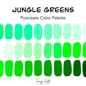 Puede incluir: Una paleta de colores digital para Procreate llamada "Jungle Greens" con 12 tonos de verde, de claro a oscuro.